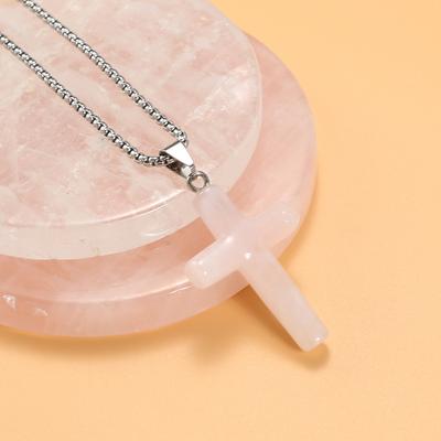 Женское ожерелье из натурального камня, розовый кварц/тигровый глаз, крестообразное ожерелье с подвеской для подарка на день рождения, цепочки 60 см