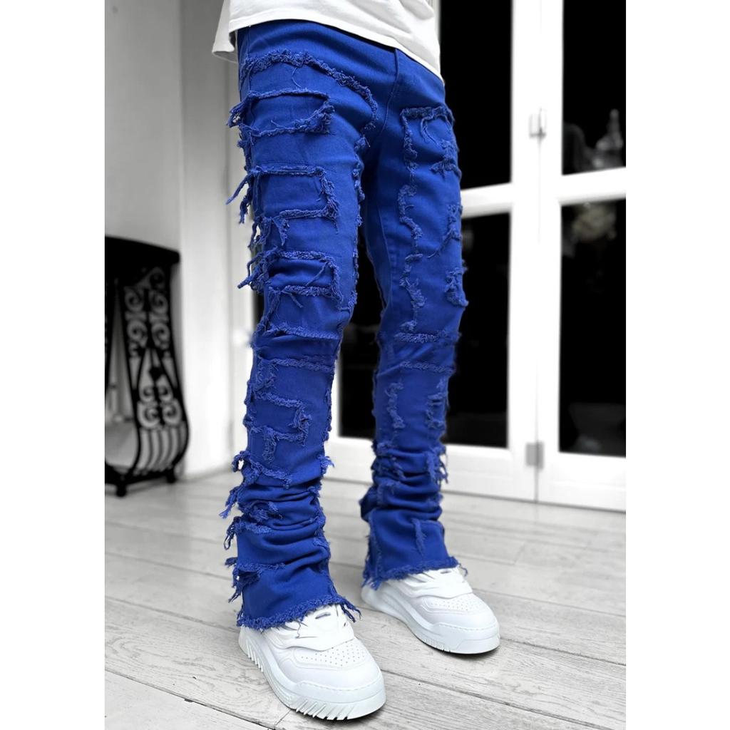 GLYDE Casual Distressed Men's Jeans Tassels Patchwork Design Vintage Washed Stretch Denim Pants Straight Fashion Streetwear Trousers