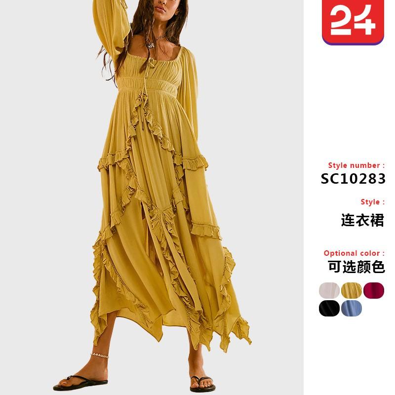 2025 Womens V-Neck Ruffle Lace Trim A-Line Midi Dress With Side Slit Elegant Office Wear