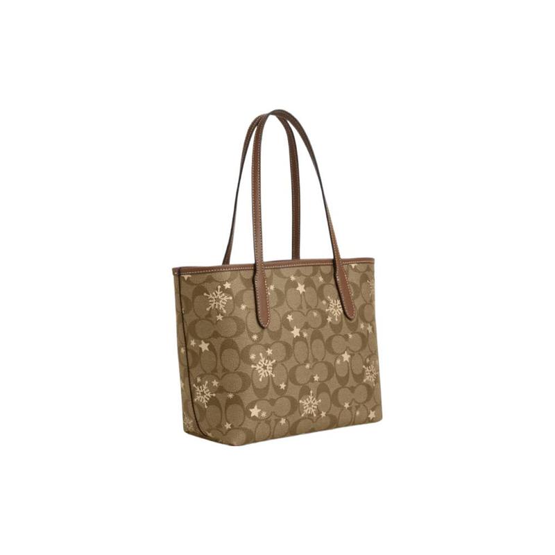 Coach City 23 совместная модель классическая старый цветок снежинка принт цветовой блок кожаная сумка-тоут сумка-тоут сумка для покупок сумка через плечо средний размер женская хаки