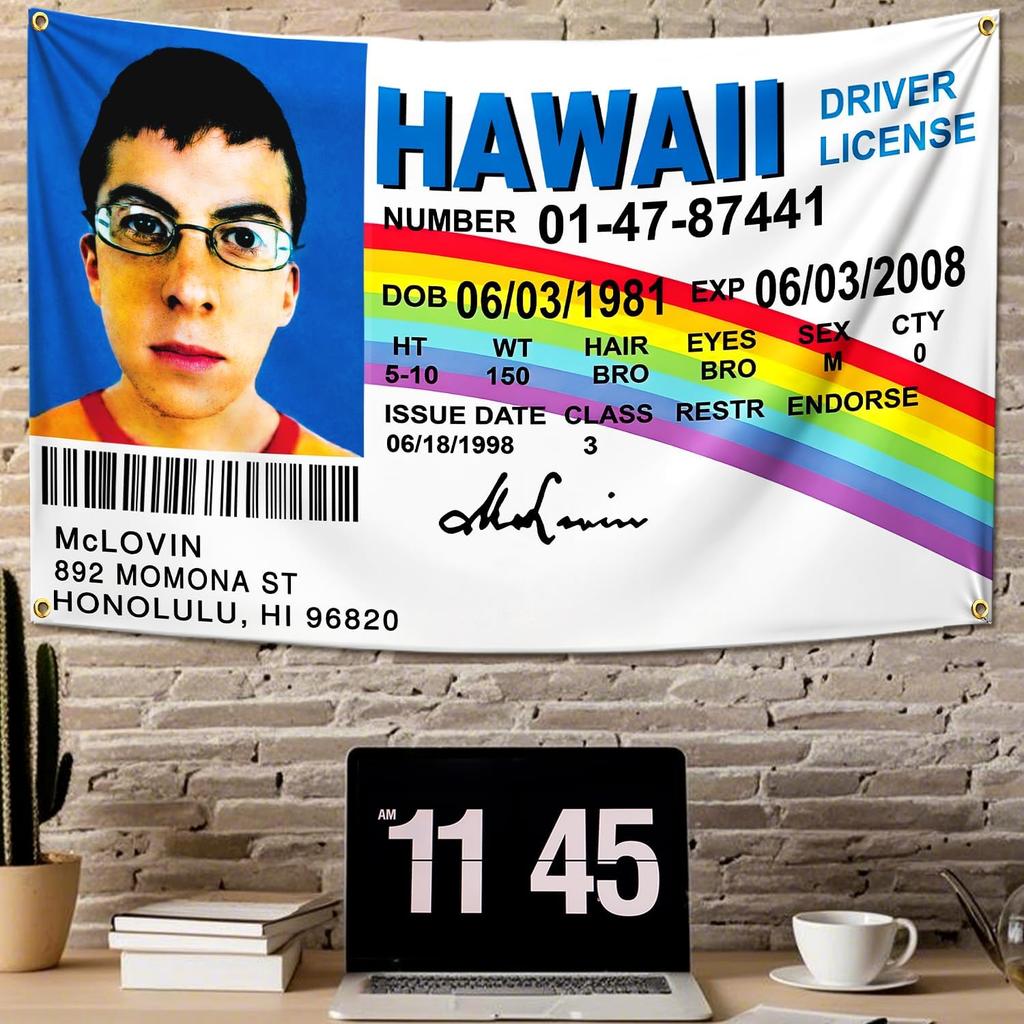 Valentines Day Gifts Mclovin ID Flag 3x5Ft Heavier Funny Wall tapestry for Bedroom College Dorm Room Decor,Large Mclovin Flag with 4 Brass Grommets