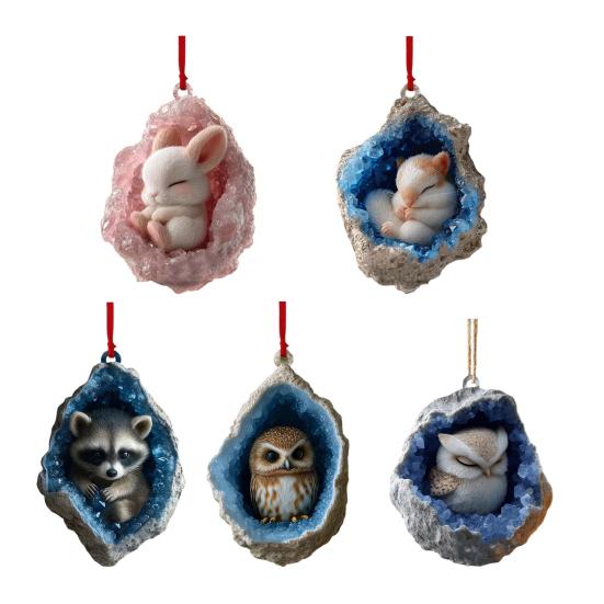 Geode Animal Decoration 2D Acrylic Forest Crystal Cave Little Animals Christmas Hanging Ornament for Xmas Tree Decor