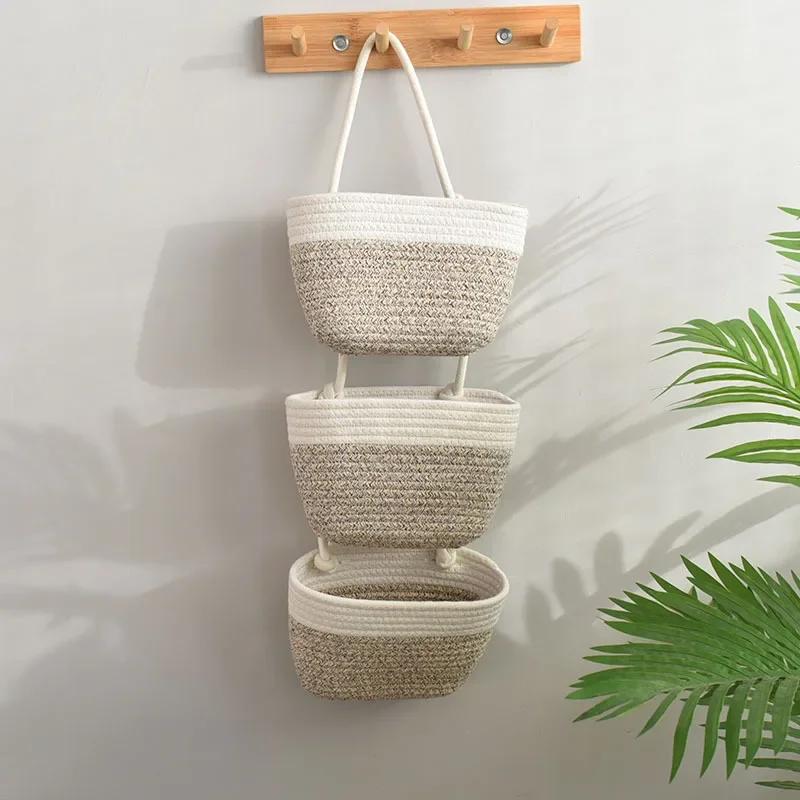 Cotton Wall Hanging Storage Basket-3-layer Sundries Organizer Decorative Household Wall Storage Tool for Home Organization Needs