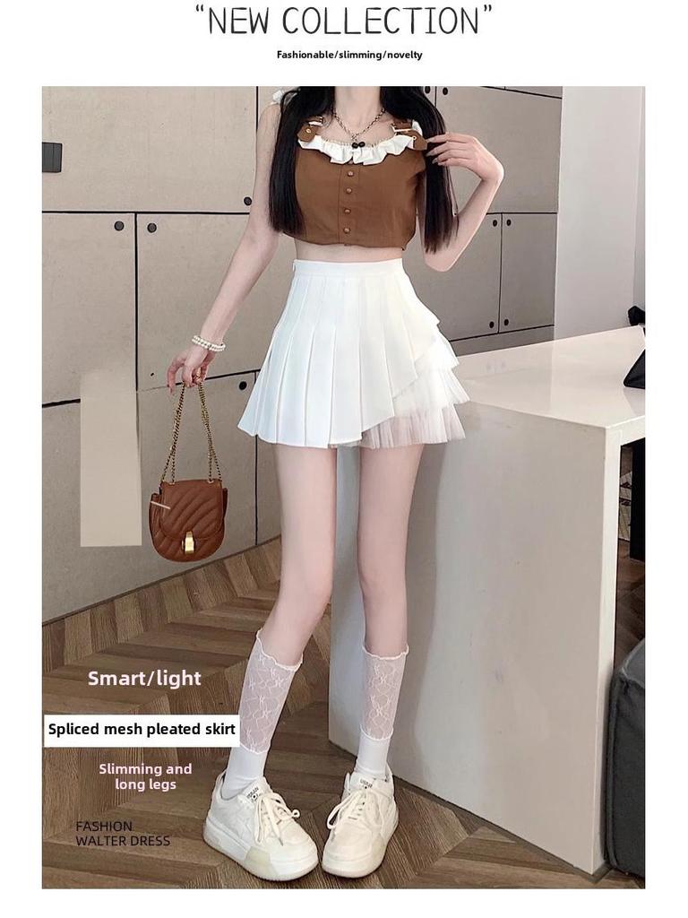 Юбка-сетка с асимметричными складками и высокой талией для женщин - Лето 2024 г. Короткая юбка А-силуэта