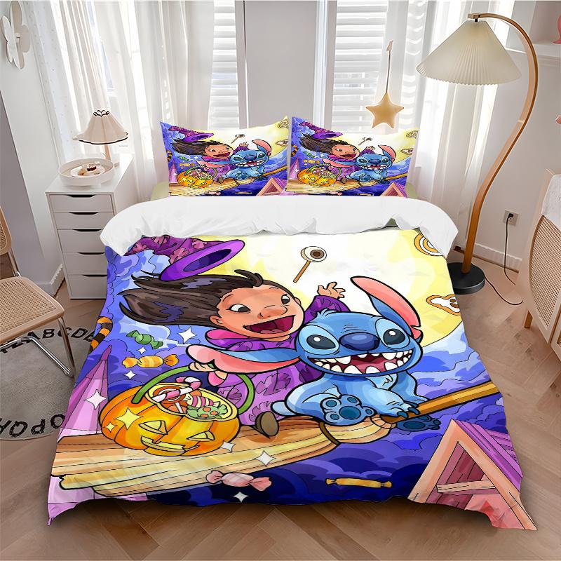 3 шт. Хэллоуинский комплект постельного белья Lilo & Stitch, Включает 1 пододеяльник и 2 наволочки, Без наполнителя, Мягкий и удобный для домашней спальни B033