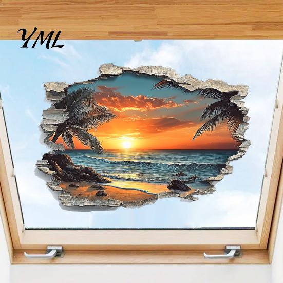 Customizable Scenery Wall Stickers 3D Beach Sticker, Sunset Coconut Tree Mural, PVC Waterproof Decal, Large Mural for Living Room Removable Art Decor