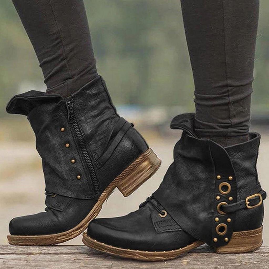 Women Leather Buckle  Boots Heel Boots Large Size Side Zipper Casual Shoes