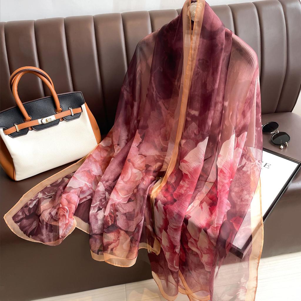 Women'S Scarf - Vibrant Red Gradient, Soft Lightweight Polyester Shawl with Feather Print, Breathable for Travel, Beach, Sun Protection