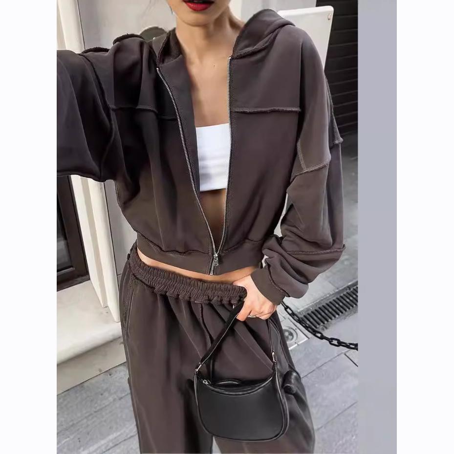 Повседневный спортивный костюм женский комплект из двух частей в полоску спортивная хипстерская куртка с капюшоном на молнии широкие брюки