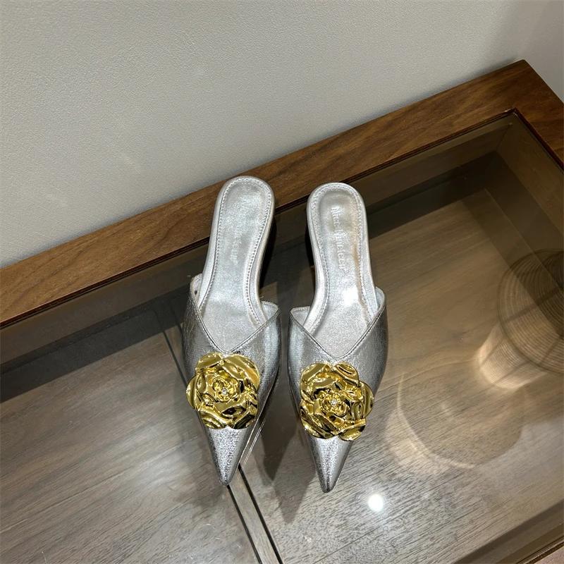 2024 Solid Color Summer Fashion High-heeled Slippers for Women Pointed Toe Lazy Half Slippers Women's Slippers Zapatos De Mujer