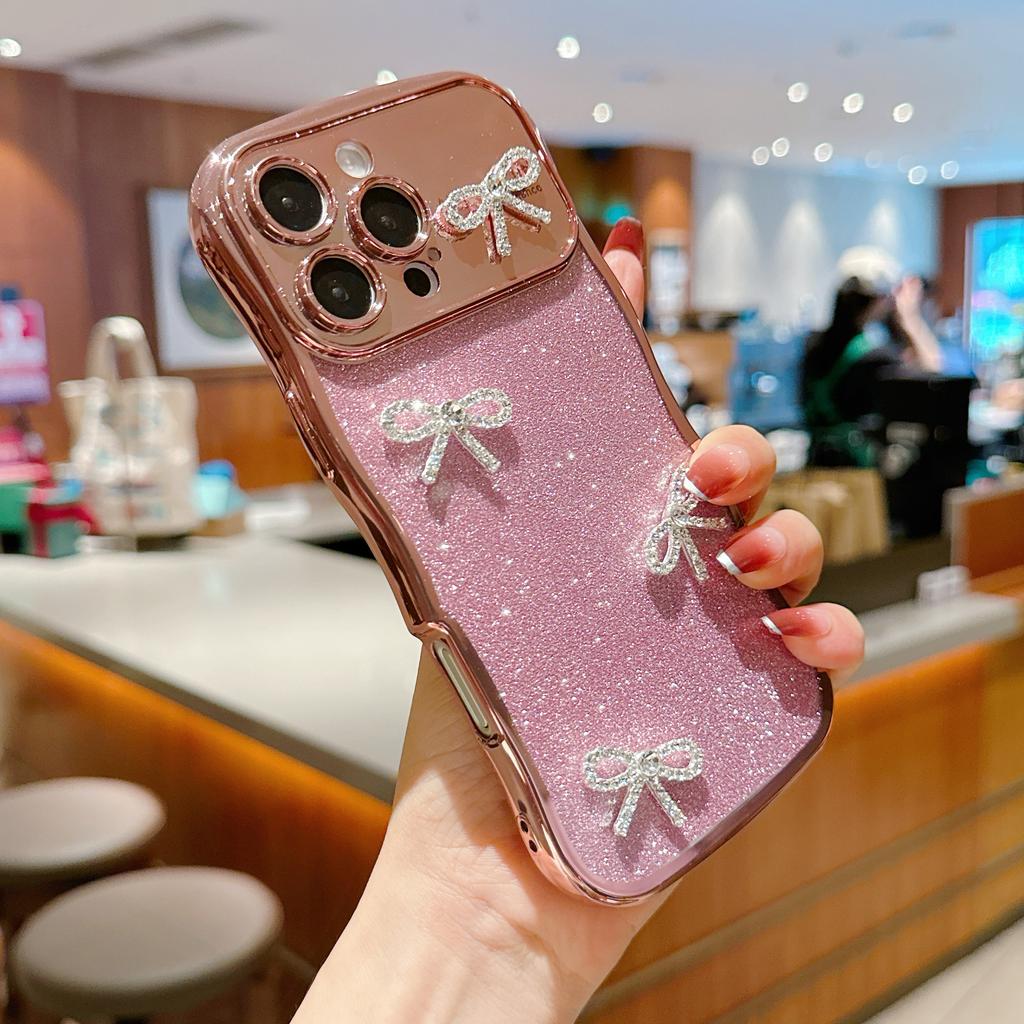 For iPhone 16 Pro Case Electroplated Wavy Frame Glitter TPU Phone Cover with Rhinestone Bow Decor
