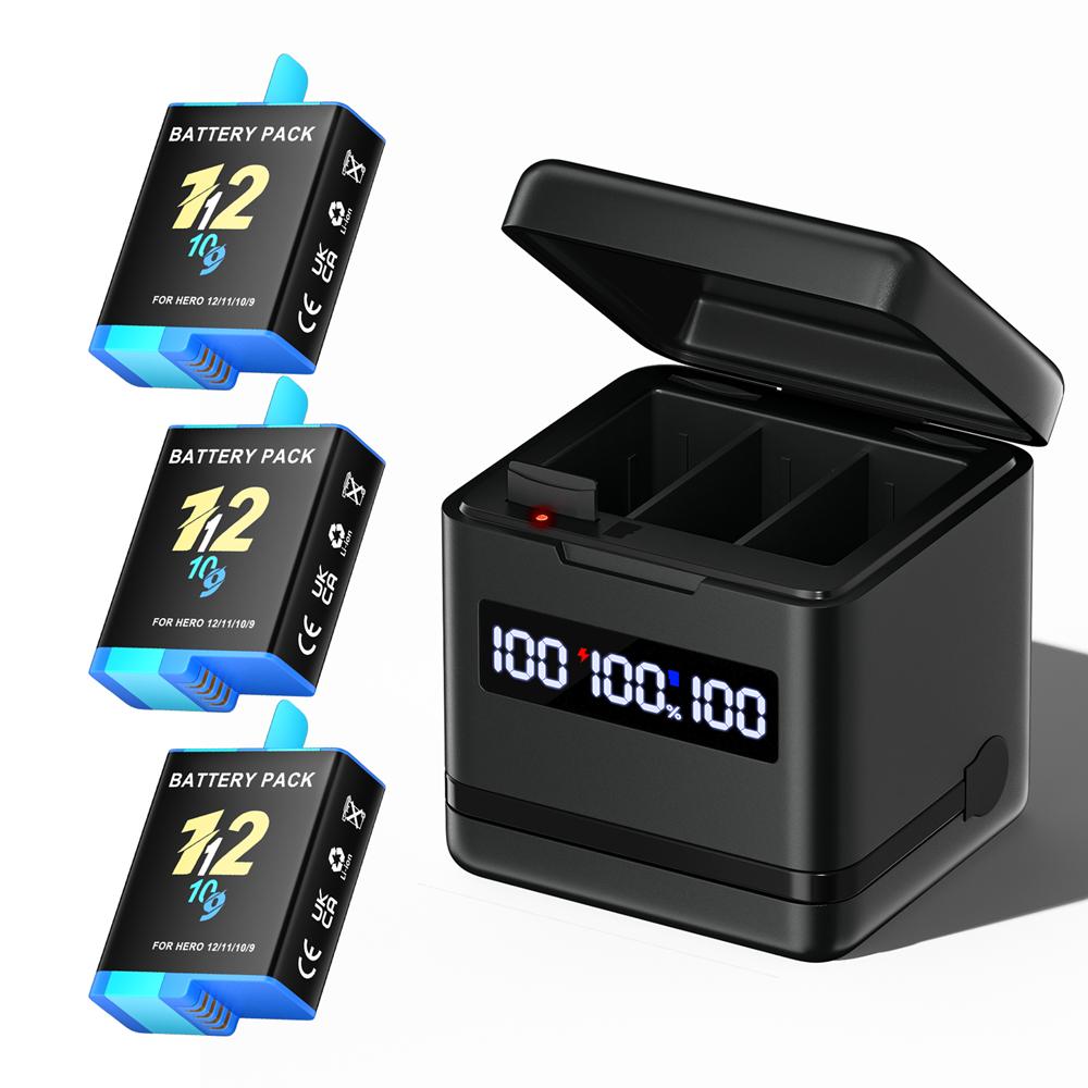 2000mAh Battery For Gopro Hero 9 10 11 12 Camera Battery with LCD 3-Slots Fast Charger Box For GoPro Hero12 11 Sport Cameras