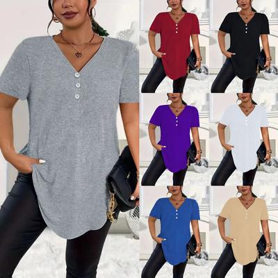 2025 Женская Летняя Новинка Повседневный Однотонный Топ на Пуговицах с V-образным Вырезом и Короткими Рукавами Большого Размера