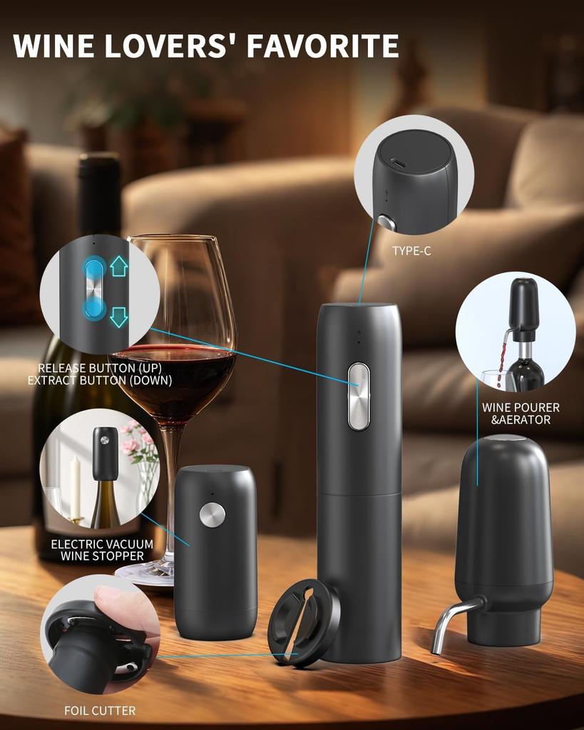 Electric Wine Opener Set Rechargeable Automatic Corkscrew Wine Bottle Opener One-click Button Corkscrew Remover for Home Kitchen