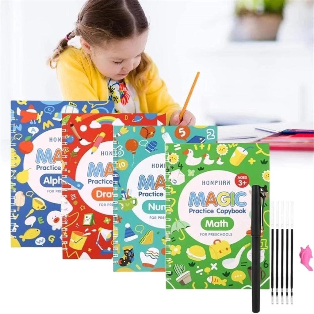 CAOMIAN 4 книги/набор детских книг, многоразовая 3D-тетрадь для каллиграфии, английская тетрадь для практики написания цифр, игрушки 2 мл