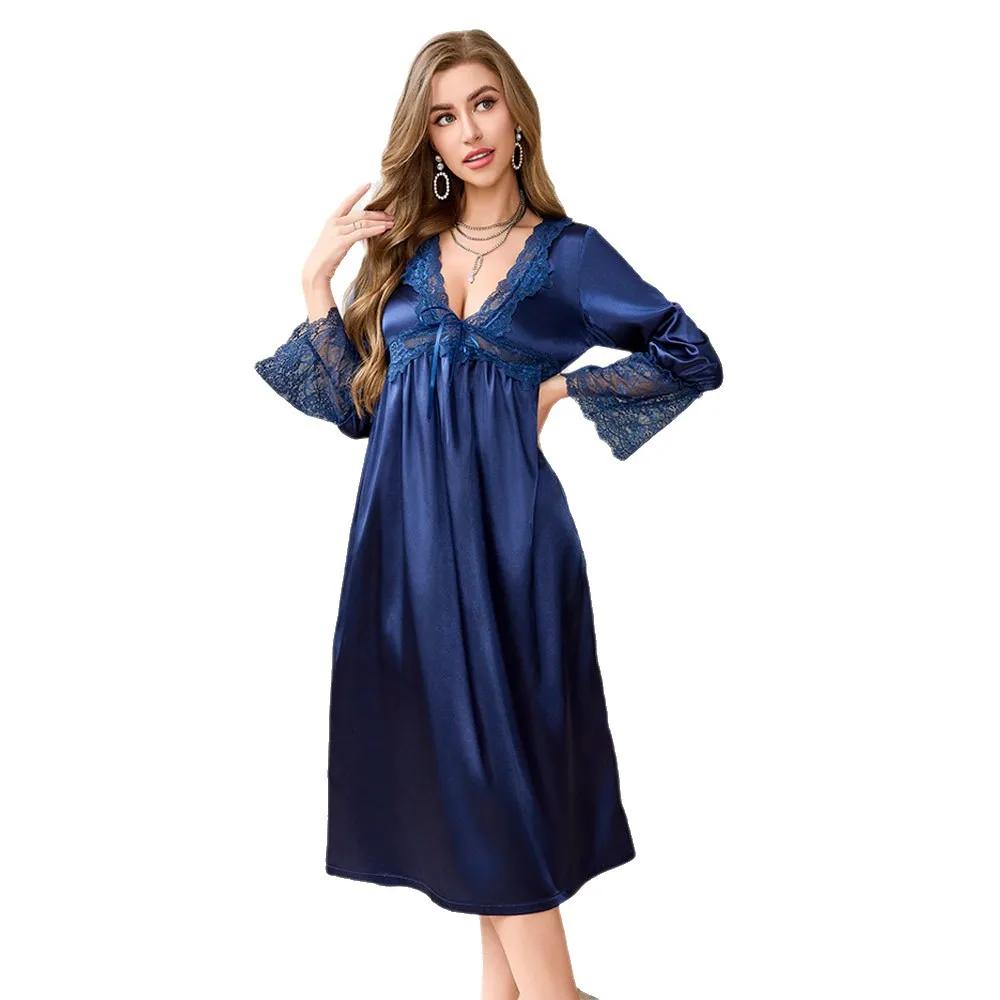 Female Long Sleepdress Nightgown Silky Satin Home Clothing Nightdress Elegant French Court Style Nightwear Loose Lounge Wear