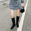 Квадратный каблук, высокие сапоги до колена, весна/осень, острый носок 2024, высококачественная женская обувь, однотонные женские сапоги на среднем каблуке