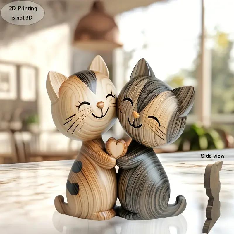 Wooden Kitten Couple Sculpture Charming 2D Flat Cat Enthusiast Gift Light and Dark Wood Grain Desktop Entrance Home Decoration