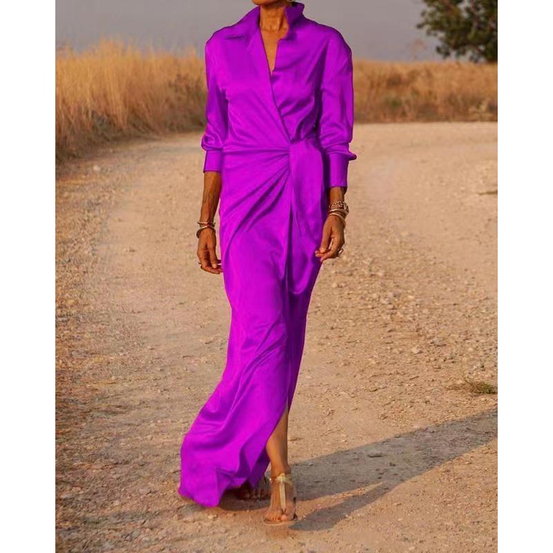 Осенние женские платья с завязками на высокой талии, разрезом, длинным рукавом и лацканами, сексуальные платья