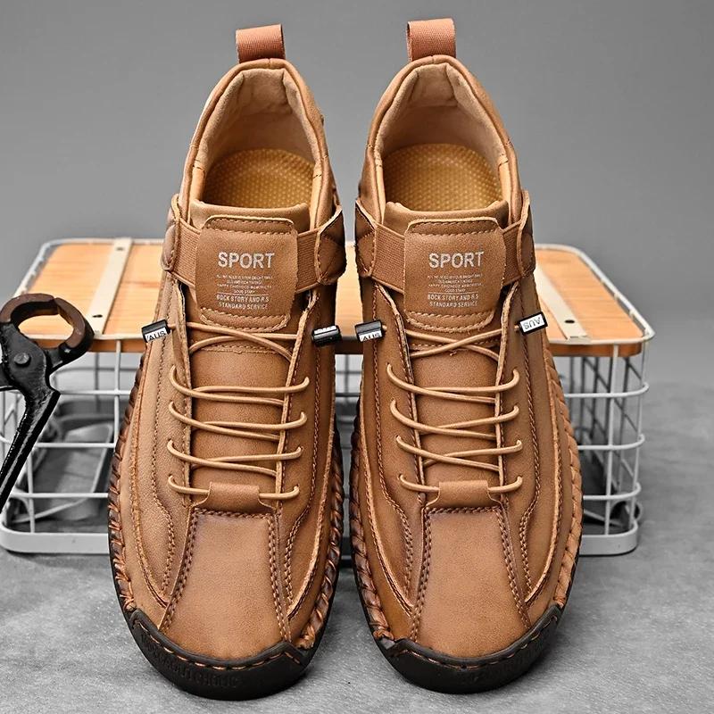 2024 Hand-stitched Leather Men Outdoor Light and Non-slip Walking Hiking Shoes Men Big Size 47 48 Slip-On Driving Loafers