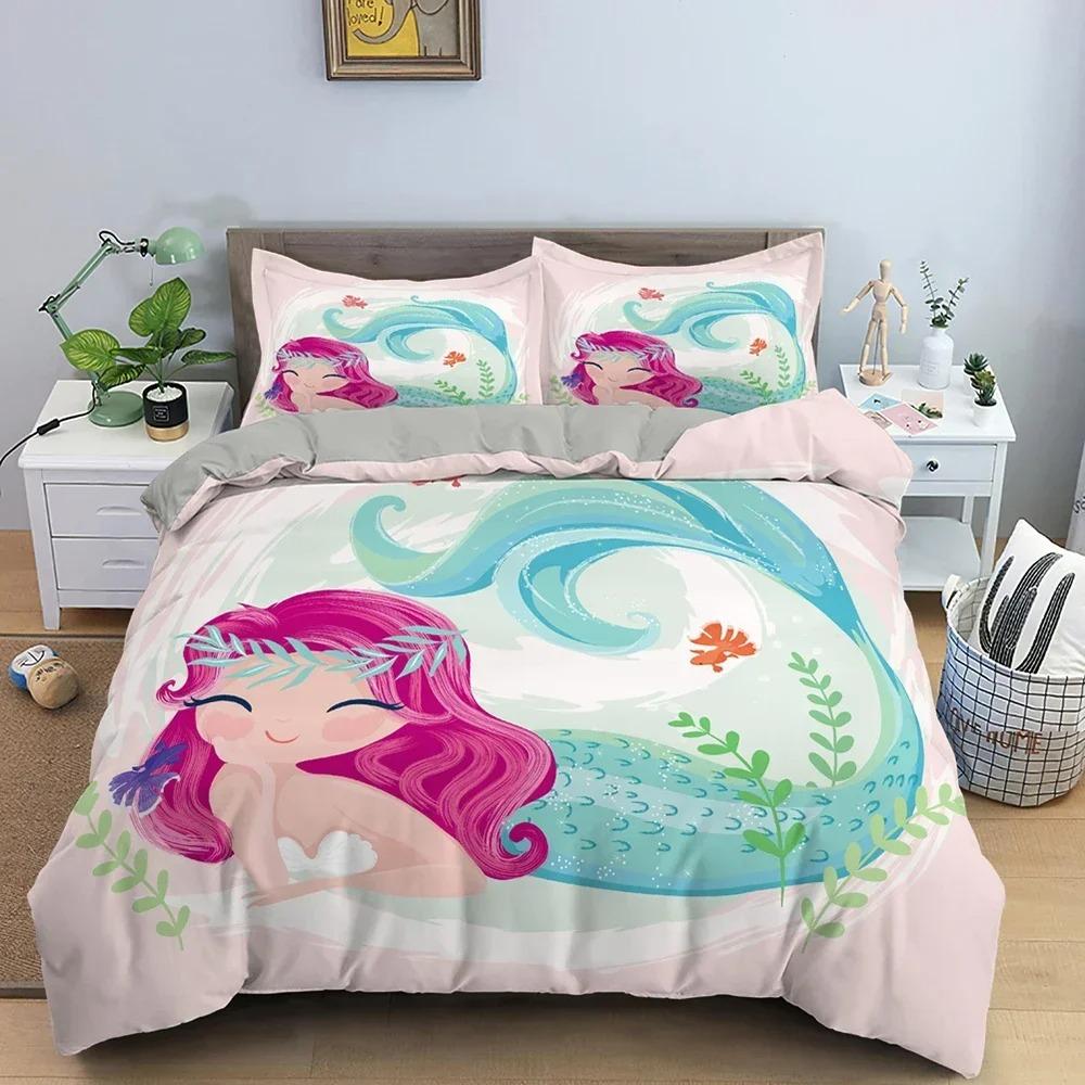 Комплект постельного белья «Русалка» для девочек, милый мультяшный пододеяльник, покрывала, детская спальня, двуспальный/размер «queen», домашний текстиль, 2/3 предмета