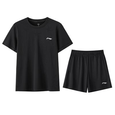 Li Ning Однотонная футболка с круглым вырезом, дышащая, универсальная, с коротким рукавом и шорты средней посадки, повседневный спортивный комплект, мужские комплекты AATV017-11