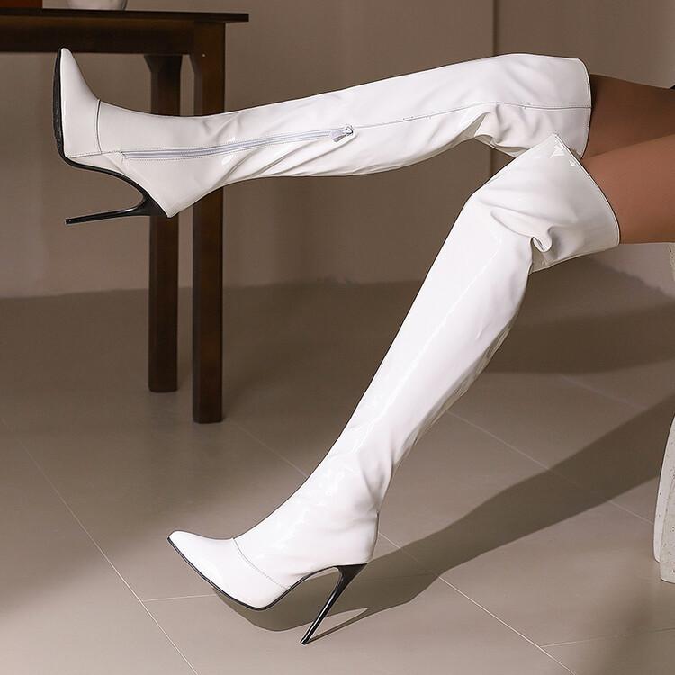 Women Patent Leather Over the Knee Boots Purple Stiletto High Heels Shoes Red Pointed Toe Warm Lady Sexy Party Thigh Boots