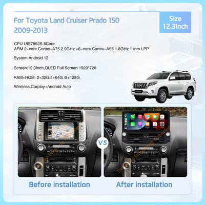 12.3 Для Toyota Land Cruiser Prado 150 2009-2013 Автомобильный Мультимедийный Плеер GPS Навигация Радио Android12 8Ядер CarPlay 4G 360Камера