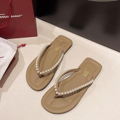 Жемчужные шлепанцы летняя обувь пляжная плоская подошва новая мода мягкая подошва универсальные нескользящие крутые тапочки