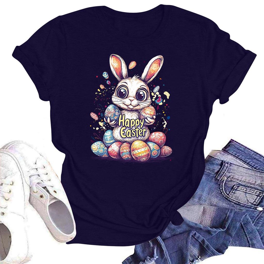 Happy Easter Women's Fashion Printed Round Neck Short Sleeve T-Shirt Pullover Top
