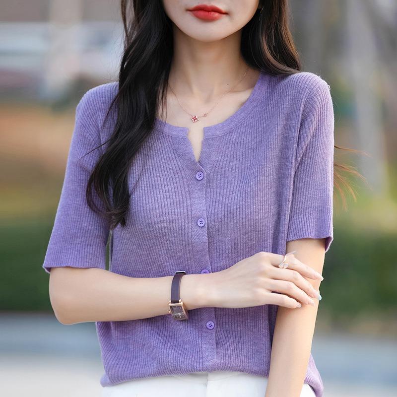 Women's Spring and Summer New Thin Short-sleeved Worsted Soft Knit Cardigan T-shirt Open Collar Small Shirt