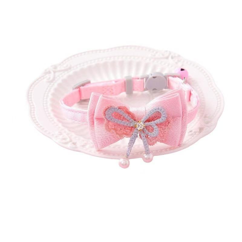 Wind-themed pet collar, princess pink lace bow with dangling beads, cat collar with bell, detachable neck ring