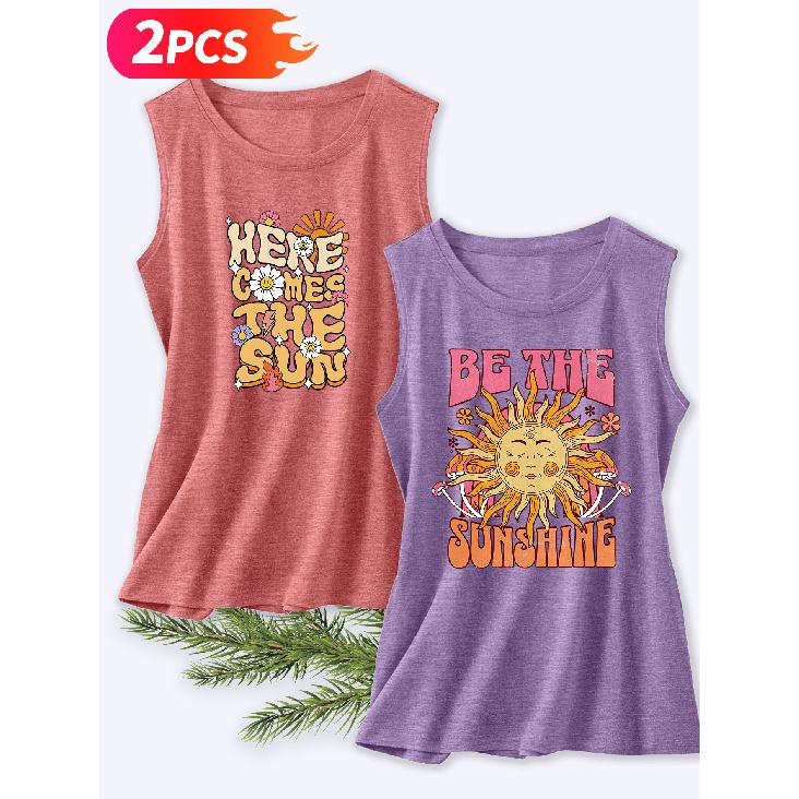 Follow a specific direction Two-piece women's sleeveless vest with vintage print Summer casual wear Vintage Sunshine Sunflower Cute Essential fashion