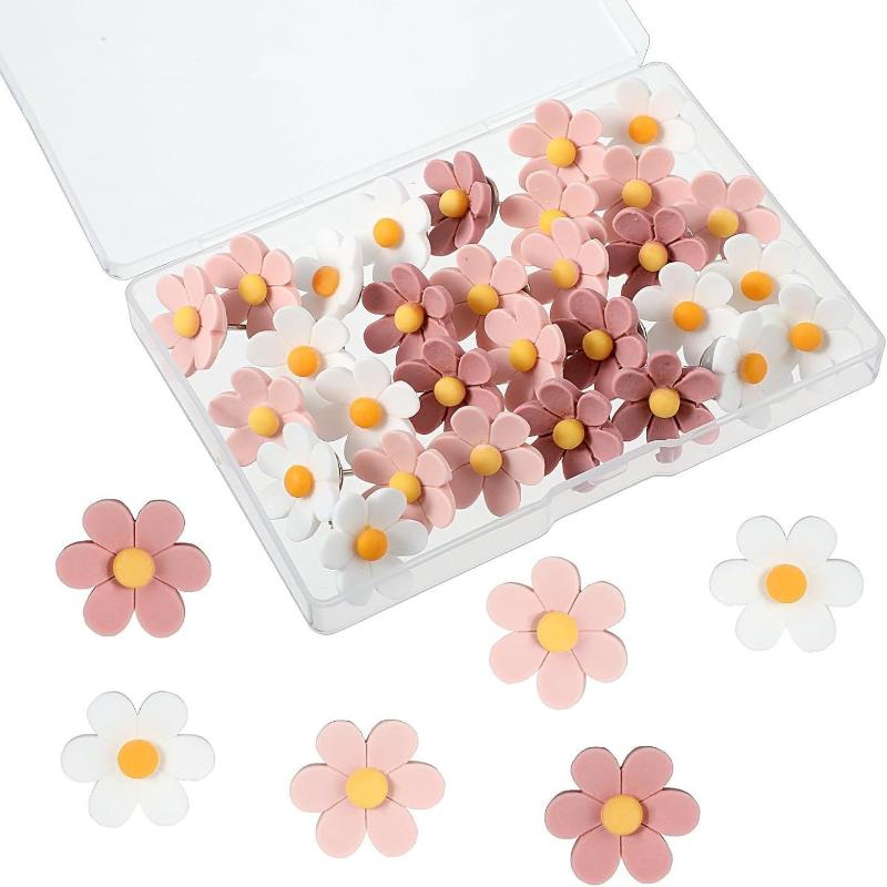 20pcs Floral Pushpins - Decorative Resin Flower Thumbtacks For Photo Walls & Office Supplies