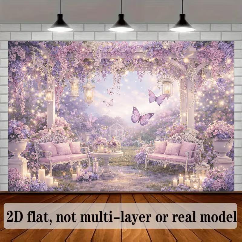 2D Purple Floral Gazebo Backdrop with Butterflies & Lights for Wedding & Party Photography Background