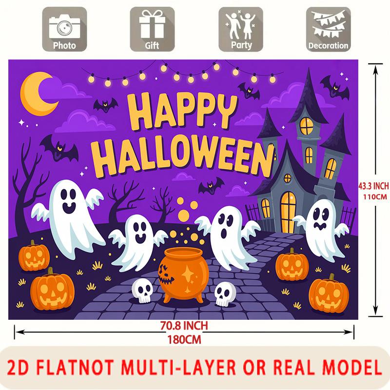Party Backdrop Halloween Castle Purple Flat Ghosts Pumpkins Multi Layered Celebrations Event Backdrop Decoration Front Door Decor