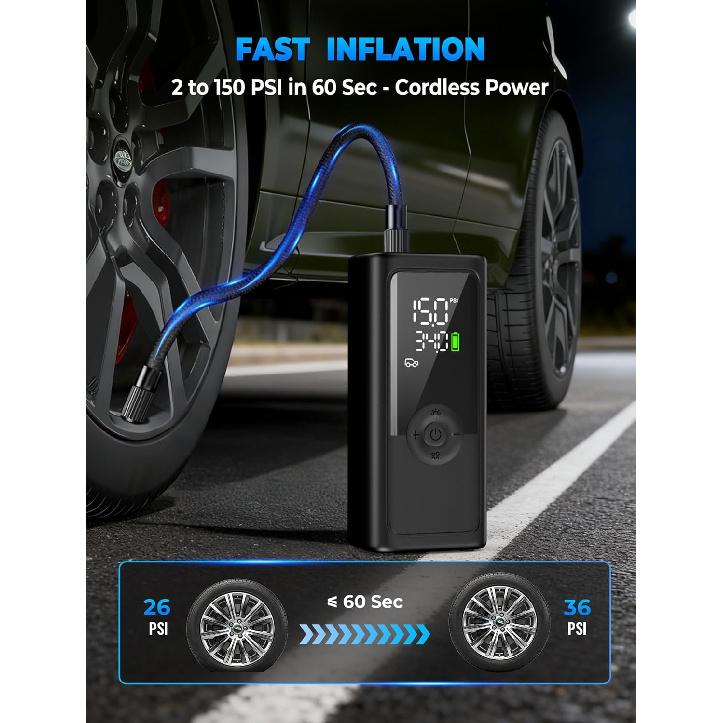 Tire Inflator Portable Air Compressor, 150PSI Cordless Tire Inflator, Auto-Off & LED Light, 10000MAh Battery Powered Bike Pump With Gauge For Car,