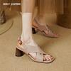 2024 New Vintage Women Sandals Genuine Leather High Quality Thick High Heels Mature Party Office Ladies Summer Shoes Woman Pumps