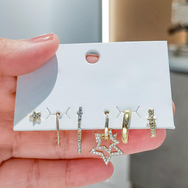 ANENJERY 6 шт./компл., комплект серег-кольца серебряного цвета с медной звездой, роскошные блестящие серьги с геометрическим рисунком из микроциркона, оптовая продажа