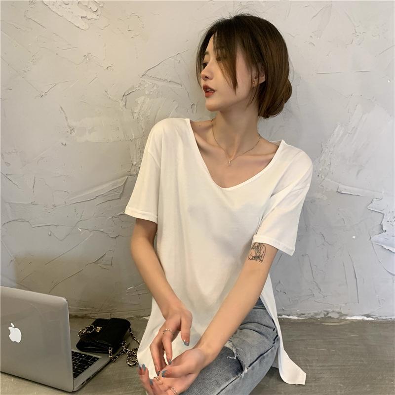 Split v-neck short-sleeved t-shirt summer new design sense collarbone chic loose student on clothes women