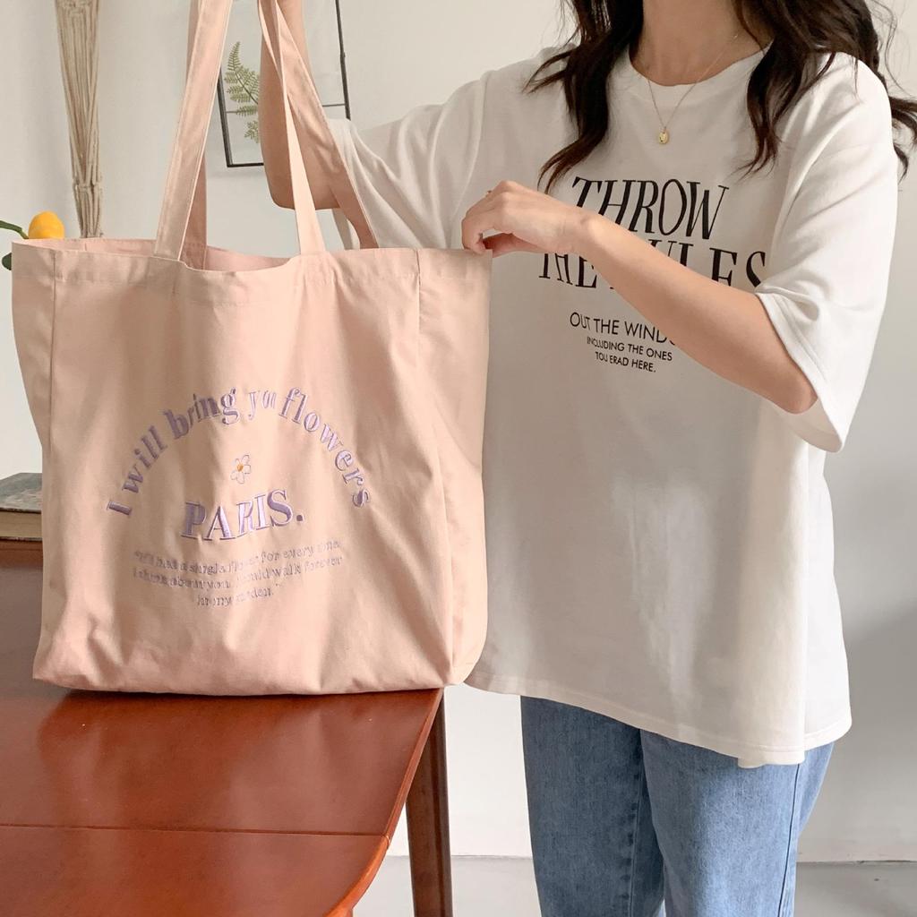 Women Letter Embroidery Shoulder Canvas Large Capacity Student Tote Bag