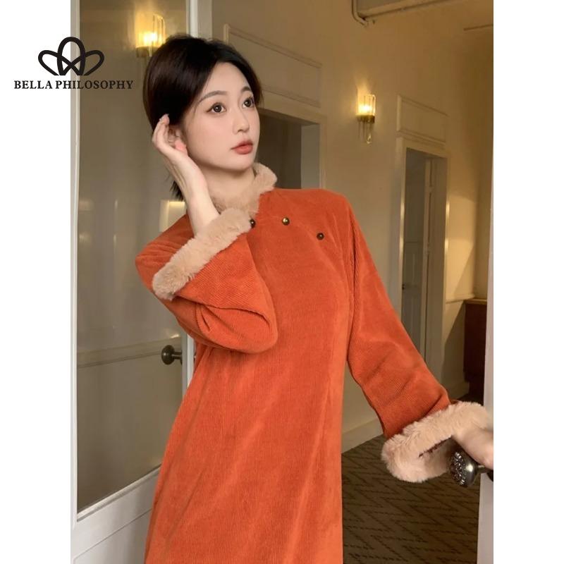 Winter Chinese Style Retro Solid Color Long Sleeved Female Plush Thickened Split Long Dress