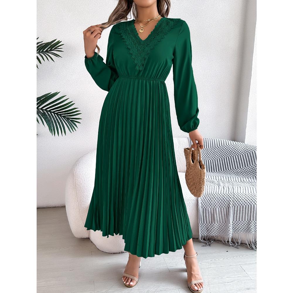 Spring and Summer Elegant Temperament V-neck Lace Waisted Pleated Long Women's Dresses Long Skirts