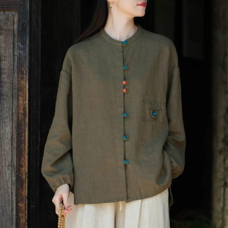 Johnature Women Chinese Style Shirts Tops Button Long Sleeve Autumn Blouses Patchwork Vintage Stand Shirts