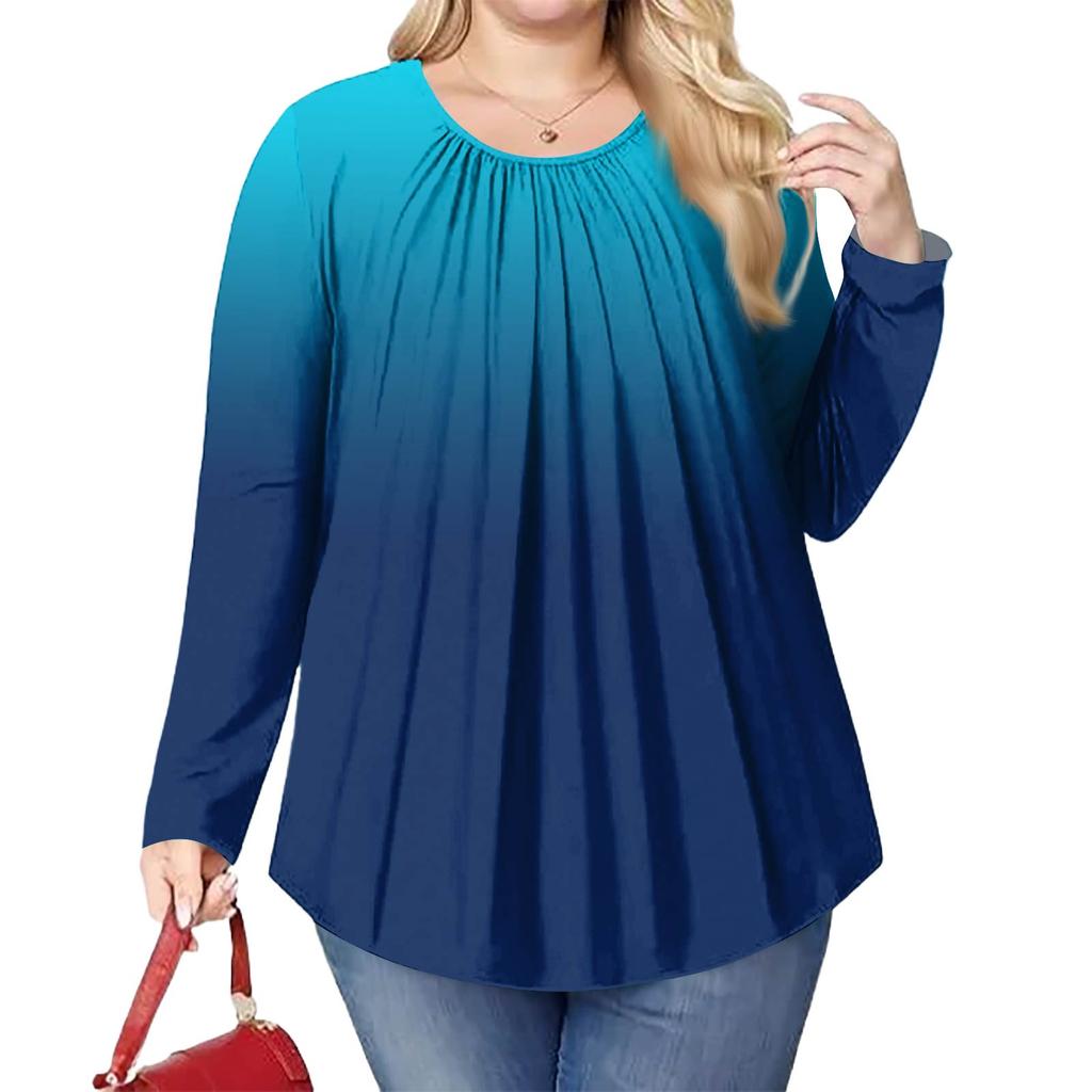 Женский модный топ большого размера с принтом, повседневный плиссированный, с круглым вырезом и длинными рукавами