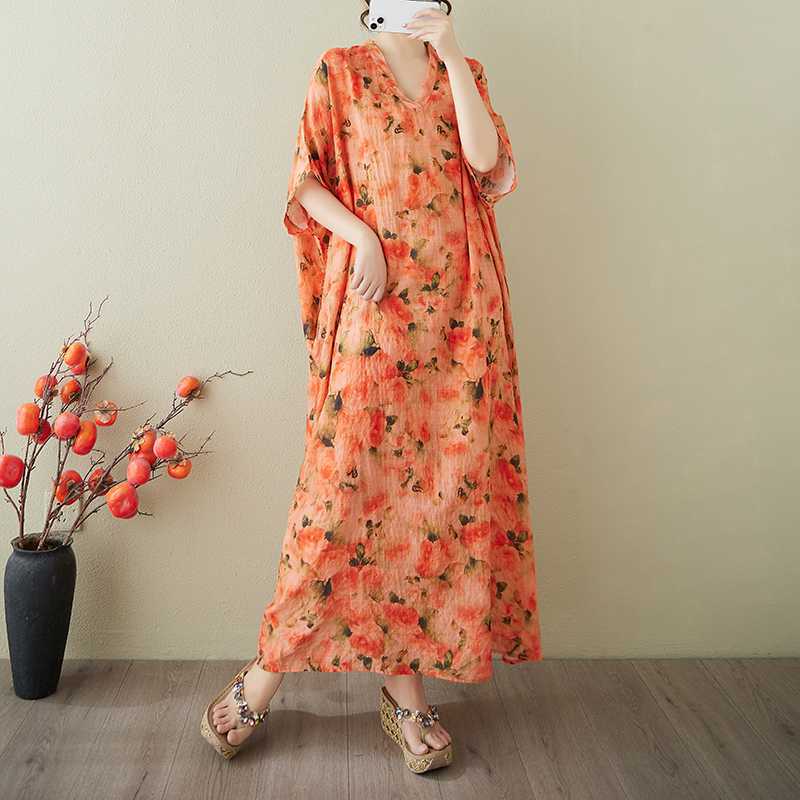 Women's Vintage Long Dress with Cotton and Linen Patterns