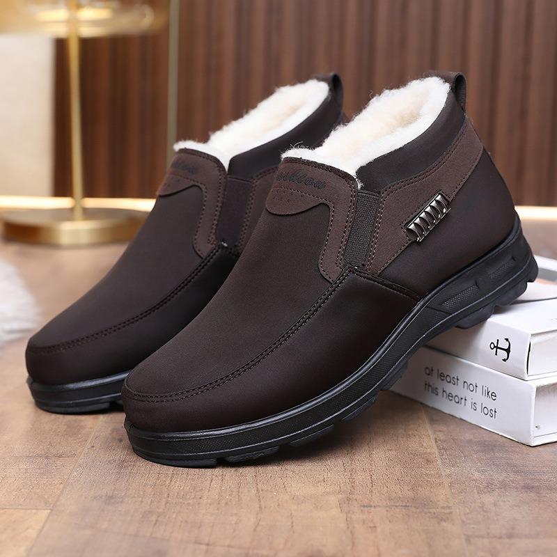 Men's Genuine Sheepskin Winter Boots Beijing Style, Slip-Resistant Wide Width Available, Plush Lined Warm Slippers for Elderly Men