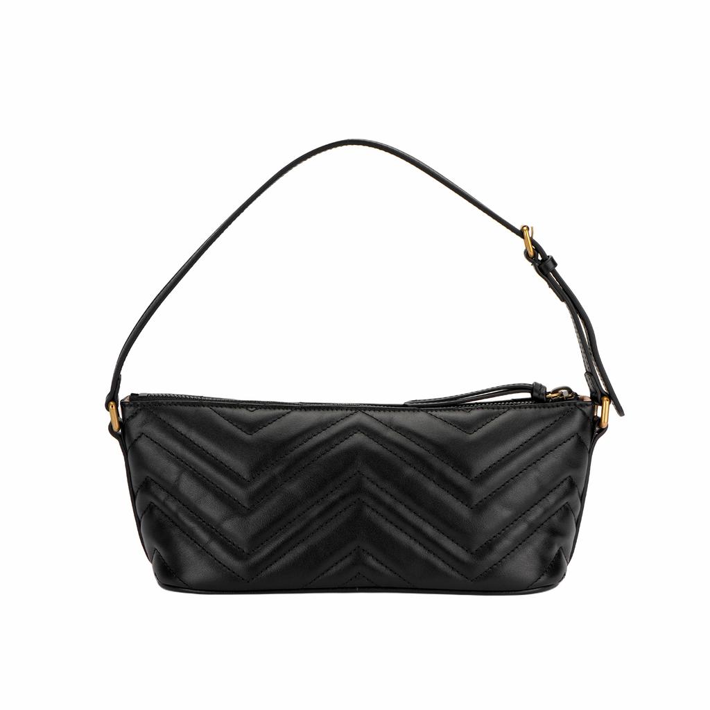 Gucci Gg Marmont Double G Logo Herringbone Quilted Leather Handheld Shoulder Bag For Women Black