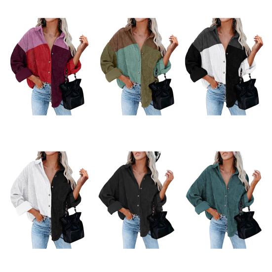 Однобортная женская рубашка с отложным воротником и длинными рукавами, весенне-осенняя лоскутная цветная повседневная вельветовая рубашка, женская одежда