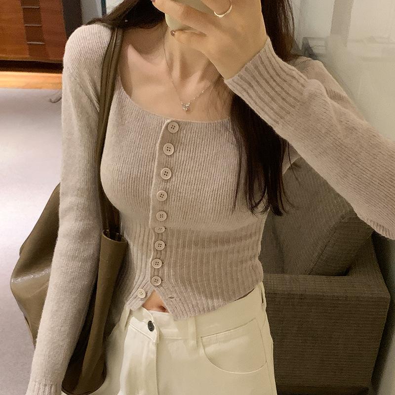 Женский облегающий вязаный кардиган - квадратный воротник, длинный рукав, короткая талия для осени/зимы